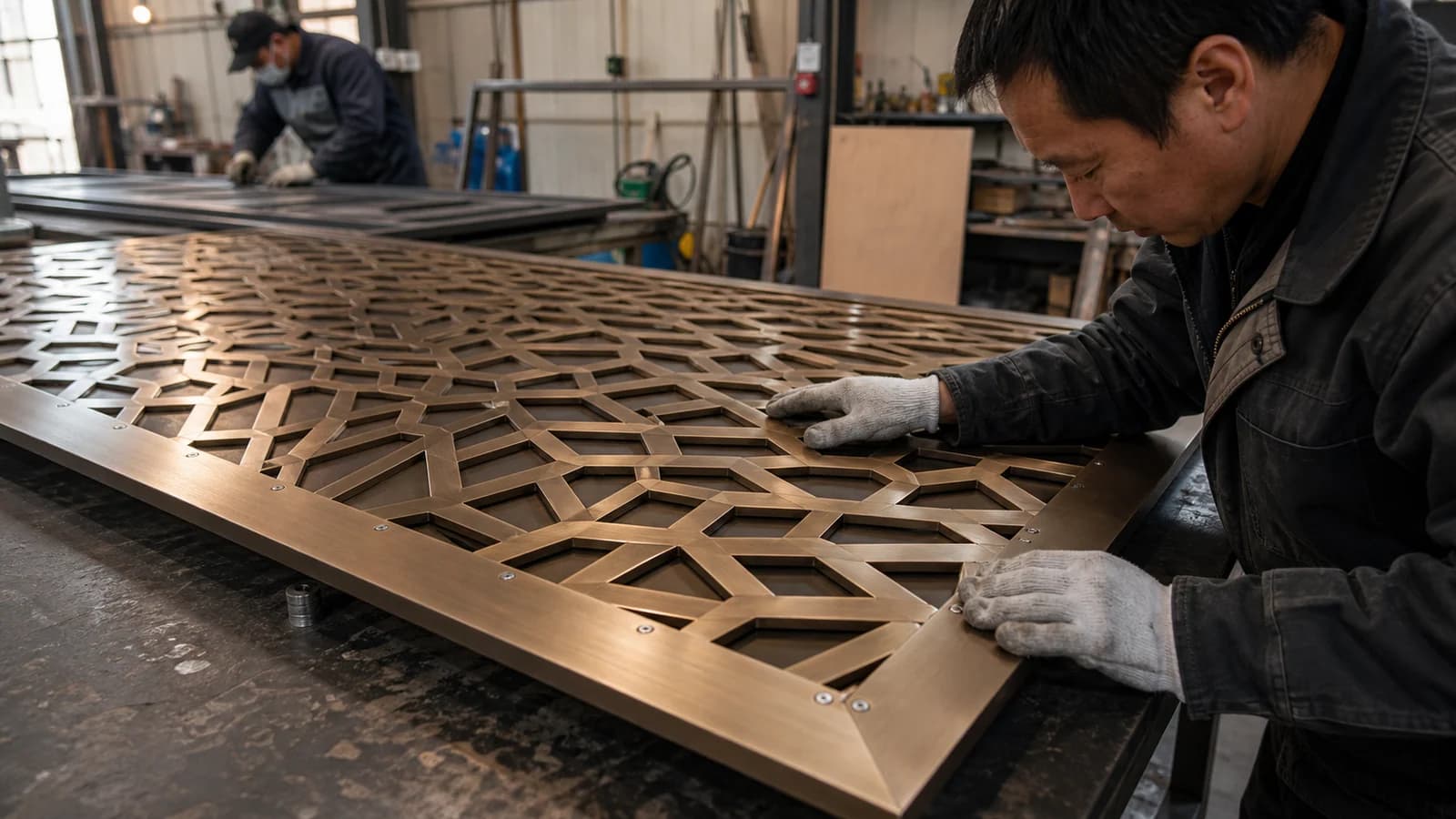 Specialist fabricator inspecting a bronze architectural metal screen