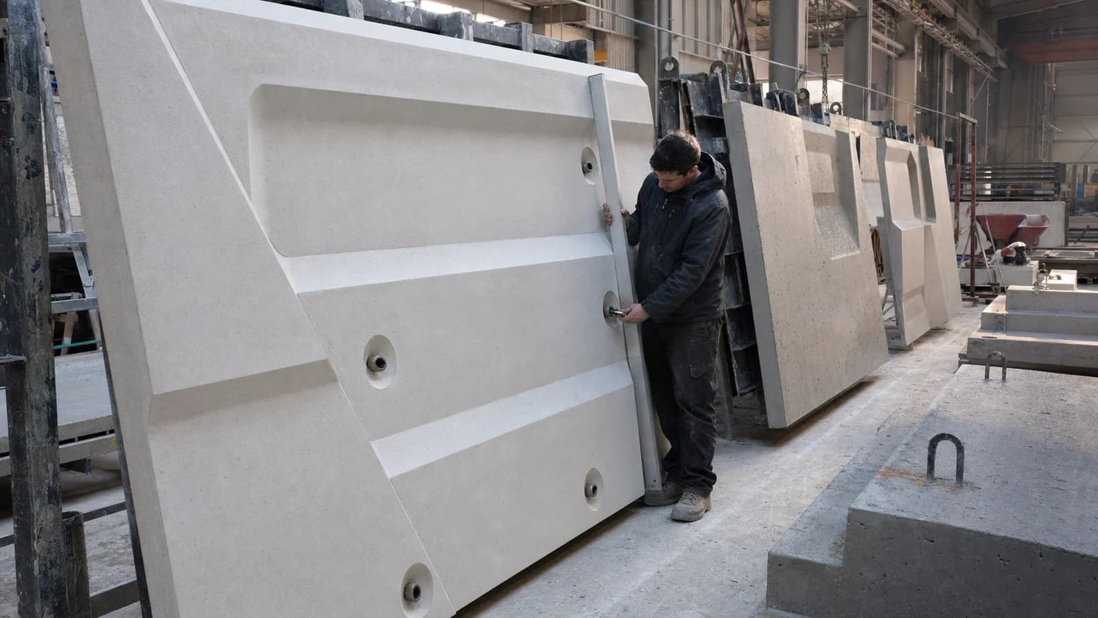 Technician inspecting custom mineral-composite architectural panels