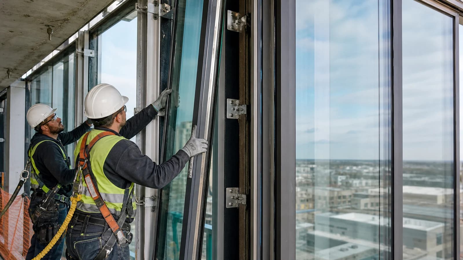 Façade specialists aligning a unitized glazed curtain wall panel
