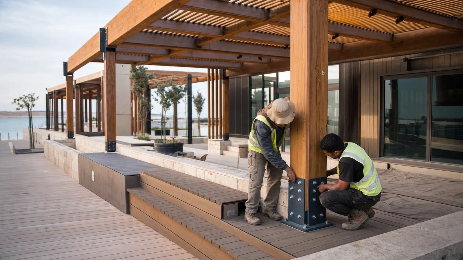 Installers checking a timber pergola connection above an outdoor deck